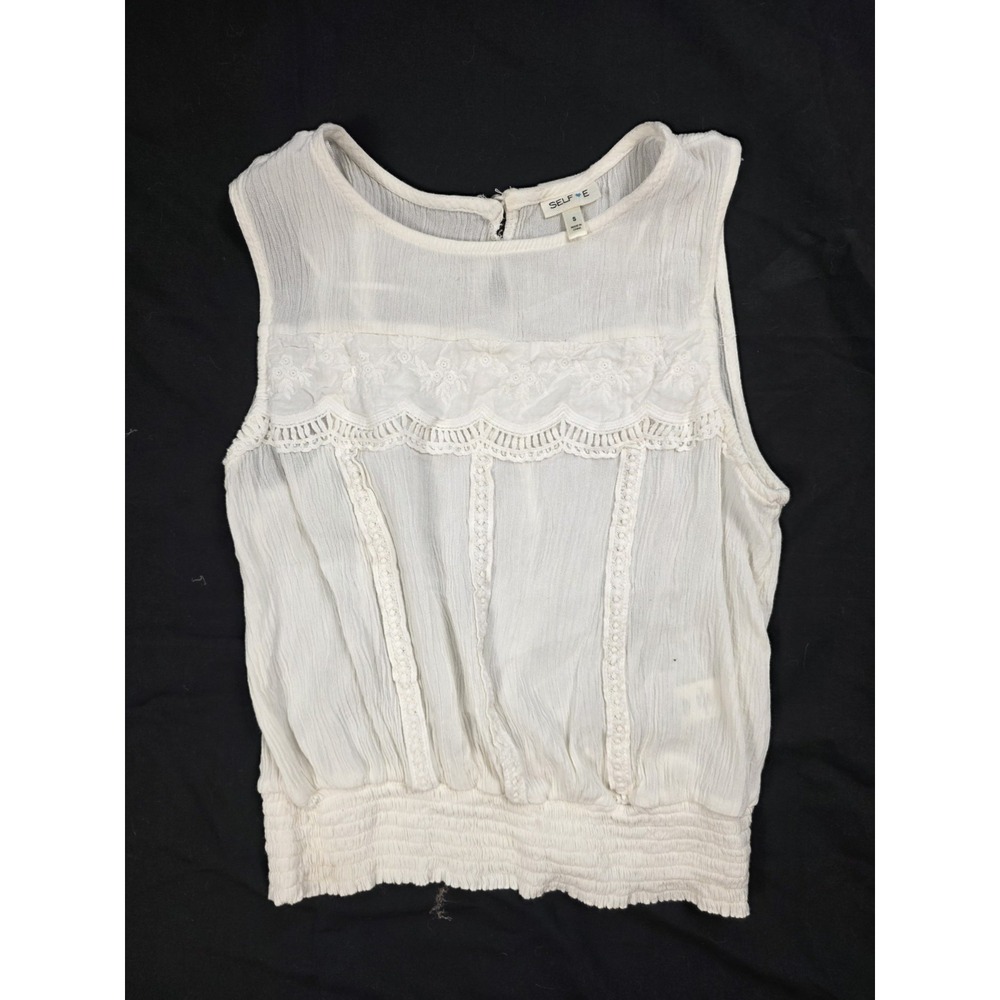 SELFE White Eyelet Round Neck Ribbed Hem Sleveeless‎ Blouse Women's Size Small